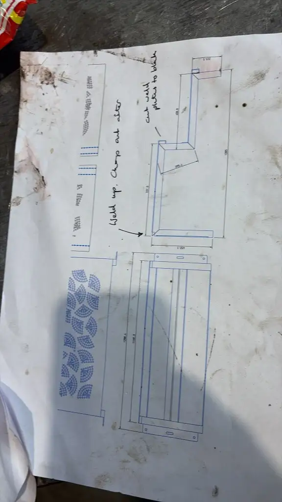 Workshop drawing of the pond staircase with dimensions, laser-cut tread patterns and fabrication notes