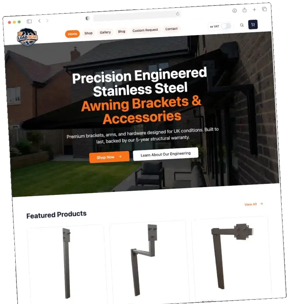 Load Bear website - precision-engineered stainless steel awning brackets and accessories